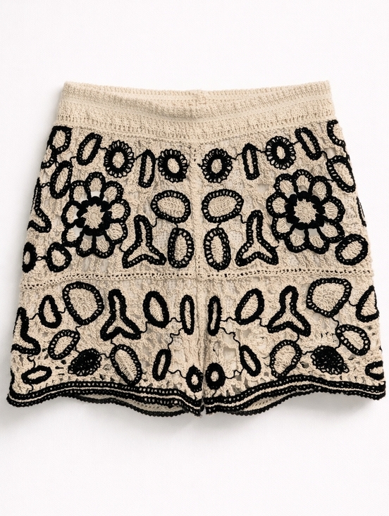 Rebellion Pants - Boho Crochet Lace Shorts, Cream & Black Floral High Waist, Large, Festival